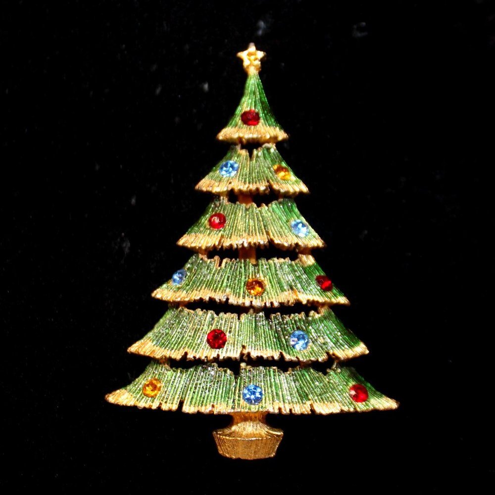 Vintage JJ Christmas Tree Rhinestone Brooch